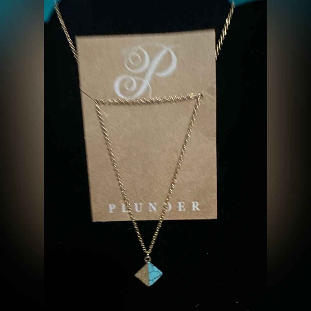 2/$30 PLUNDER GOLD NECKLACE W/TURQUOISE & GOLD diamond shaped pendant BRAND NEW!